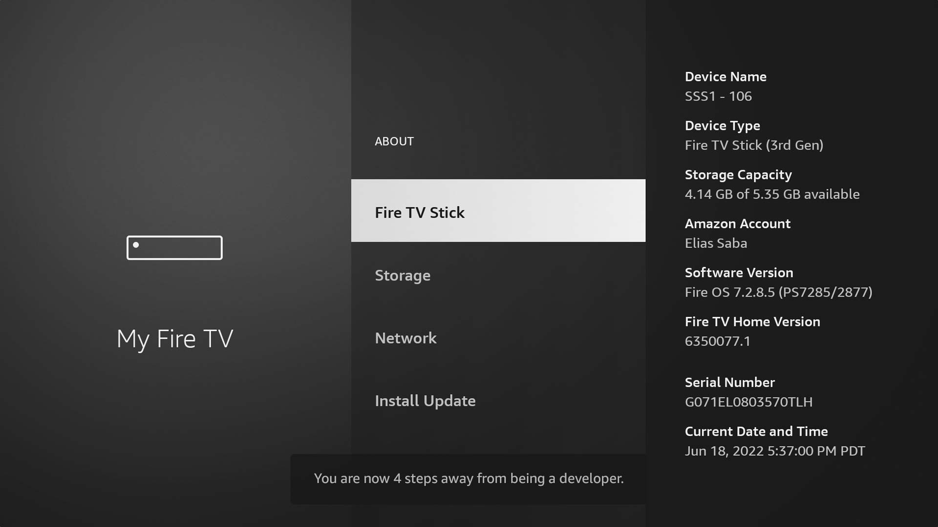 Firestick Developer Options menu