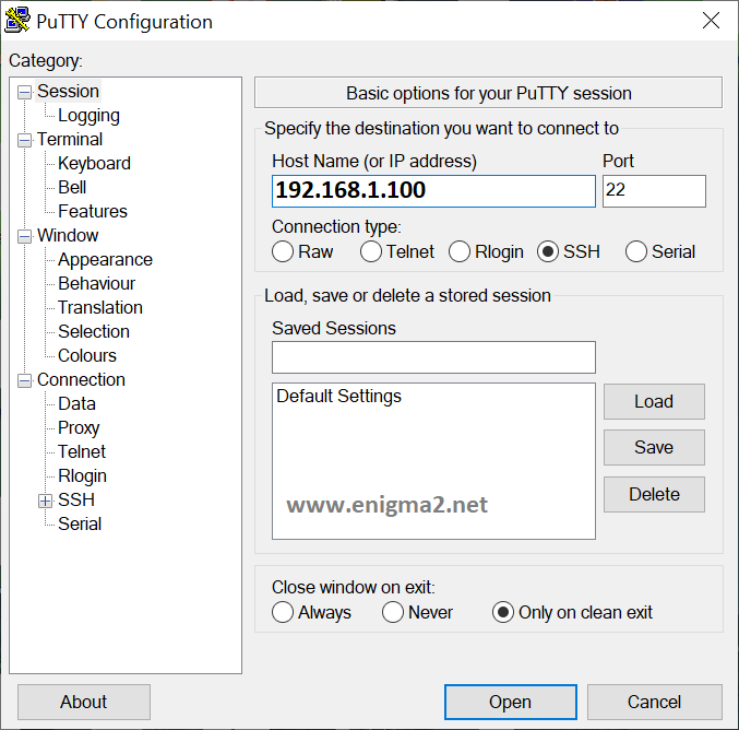 Enter receiver IP address in PuTTY