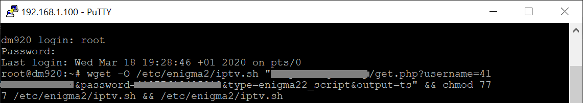 Paste IPTV Nords script into PuTTY terminal